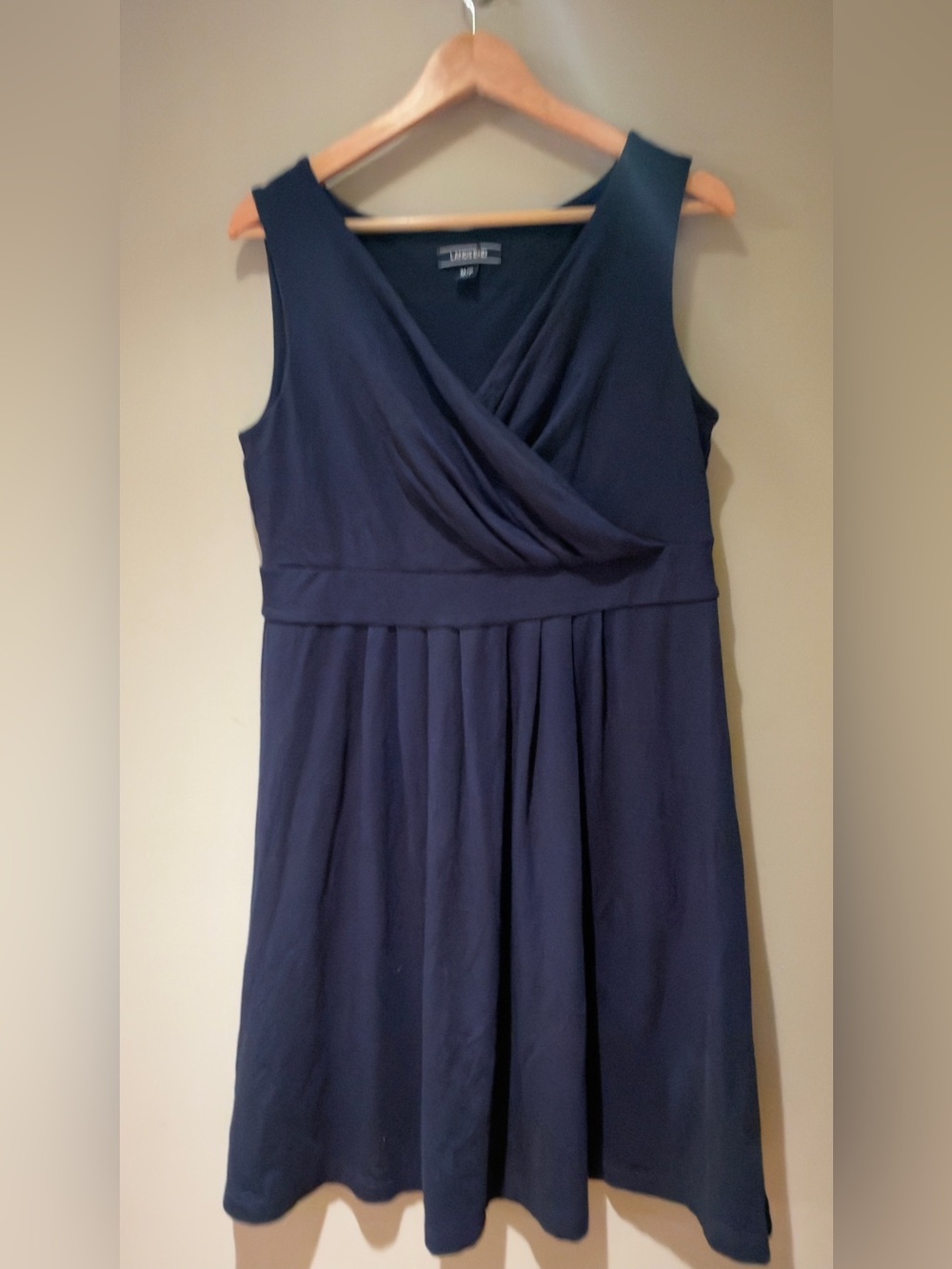 Lands' End Navy Sleeveless Ponte Knit Faux-Wrap Pleated Dress Medium Petite